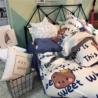 Set Chăn Ga Cotton Poly Gấu Cute Ga Xanh Than Chất Liệu Dày Dặn Shinbedding.shop