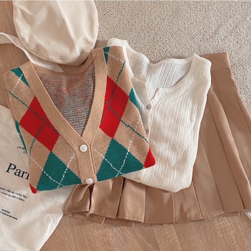 Áo Khoác Cardigan Len Nữ , Áo Len Ô Trám Vintage Phong Cách Ulzzang Hàn Quốc | BigBuy360 - bigbuy360.vn