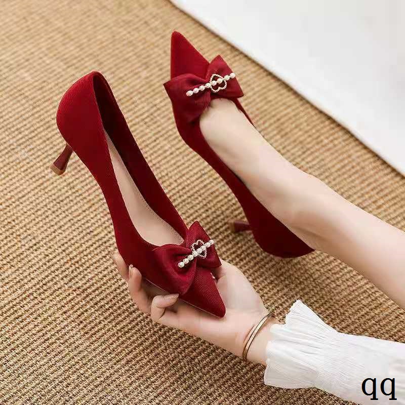 Giày Cao Gót 5cm Da Lộn Đính Nơ Và Đá Lấp Lánh Sang Trọng Cho Nữ