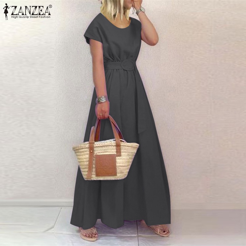 Đầm nữ Zanzea tay ngắn cổ tròn phối thắt lưng phong cách Châu Âu thời trang