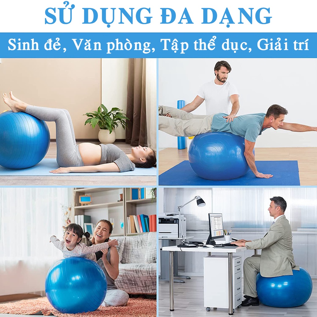 Bóng Tập Yoga Cỡ Đại 65Cm Cao Cấp Chống Nổ (Dày 2mm) Chống Trượt, Bền, Chắc, Đàn Hồi Tốt - Kèm Bơm, Van Kim Giữ Hơi Bóng