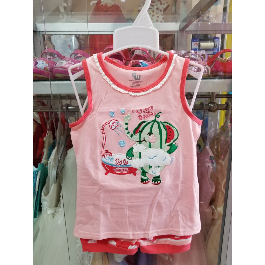 Bộ thun bé gái mùa hè mát mẻ thêu voi dưa hấu và cà chua dễ thương