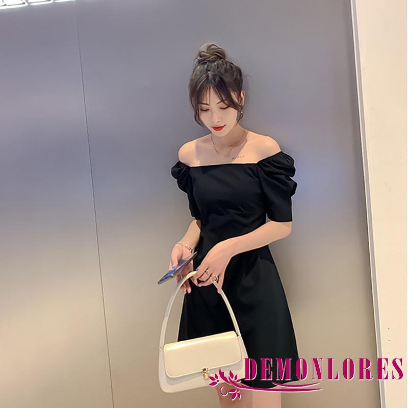 Đầm đen một mảnh cổ vuông tay phồng màu trơn thời trang mùa hè cho nữ