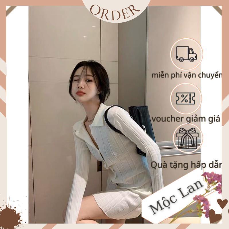 (MộcLan ORDER) Váy polo body tay dài màu trắng dệt kim phong cách Hàn Quốc 2021 AH1021 | BigBuy360 - bigbuy360.vn