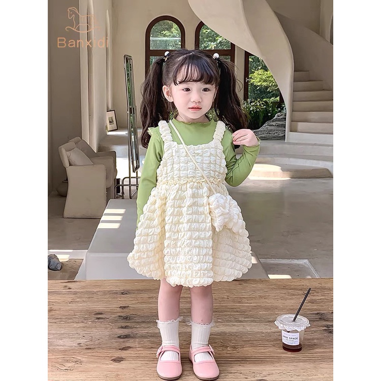 Váy bé gái đũi xốp nhăn váy 2 dây yếm và áo rời kèm túi đeo chéo XHN1058