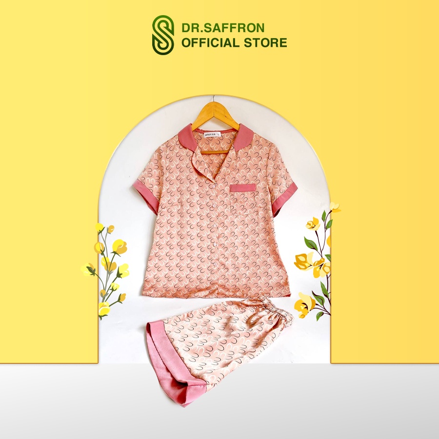 Bộ đồ ngủ nữ lụa Nhật Japan Silk loại áo quần ngắn họa tiết móc nền hồng dễ thương