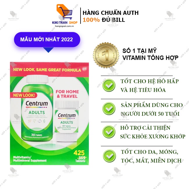 Viên uống tổng hợp Centrum Adults 425 viên, Vitamin Centrum multivitamin dành cho nam và nữ dưới 50 tuổi