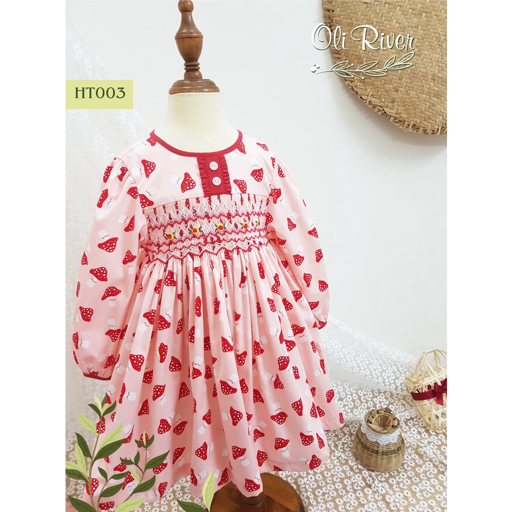 Đầm Smock cây nấm thêu tay hoa hồng cho bé yêu từ 1- 7 tuổi - HT003