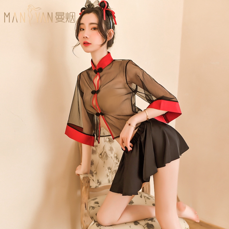 Bộ Đồ Ngủ Kiểu Sườn Xám Trung Hoa Xuyên Thấu Gợi Cảm Cho Nữ