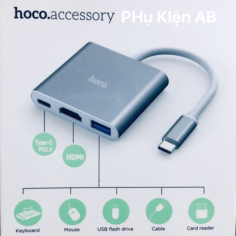 Cáp chuyển đổi TypeC sang HDMI/ USB/ TypeC Hoco HB14 dây dài 15cm - hỗ trợ chất lượng 4K (Xám) - AB STORE