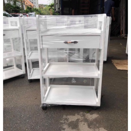 Xe đẩy gỗ 3 tầng có bánh xe, có ngăn kéo