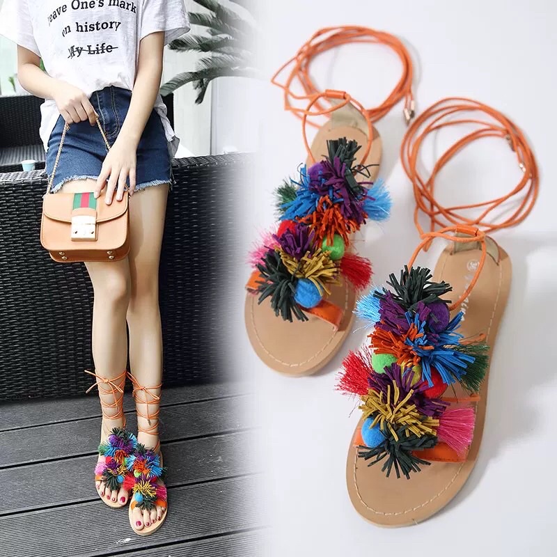 Dép sandal chiến binh phong các vintage cho nữ gắn bông cực xinh
