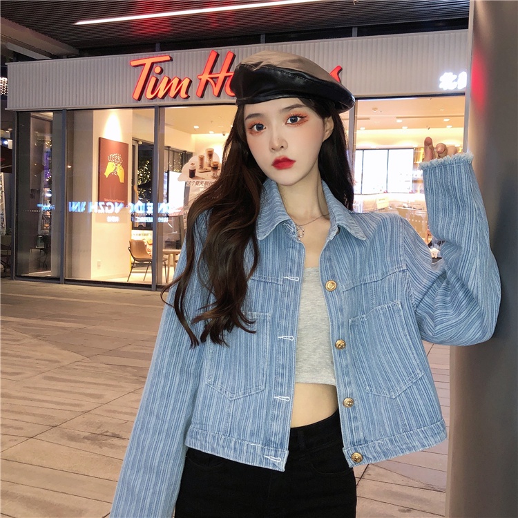 IELGY     Áo Khoác denim Tay Dài Kẻ Sọc Dọc Đơn Giản Dành Cho Nữ