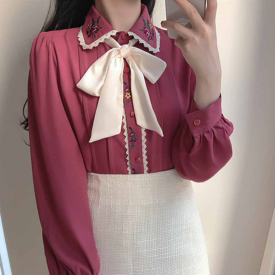 Sweet Embroidery Lace Baby collar bow tie tie long sleeve shirt spring new women's top