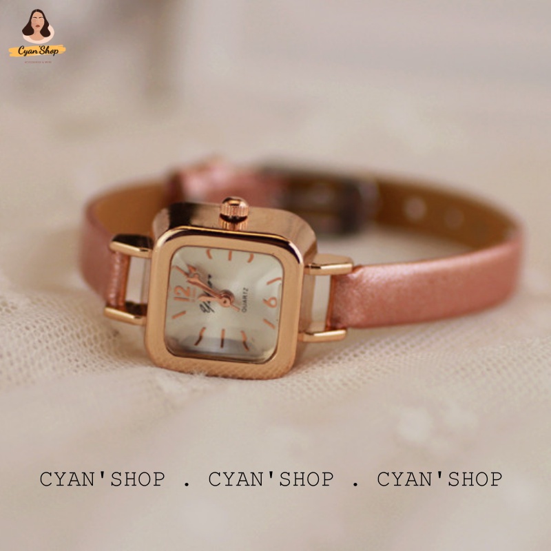 Đồng hồ dây da nữ Yuhao mặt kính 3D khối vuông mini size nhỏ nhỏ cổ điển dây da bóng vintage