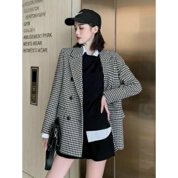 Hàng nhập - Áo khoác dạ nữ caro răng sói trẻ trung, áo blazer cổ vest 6 nút