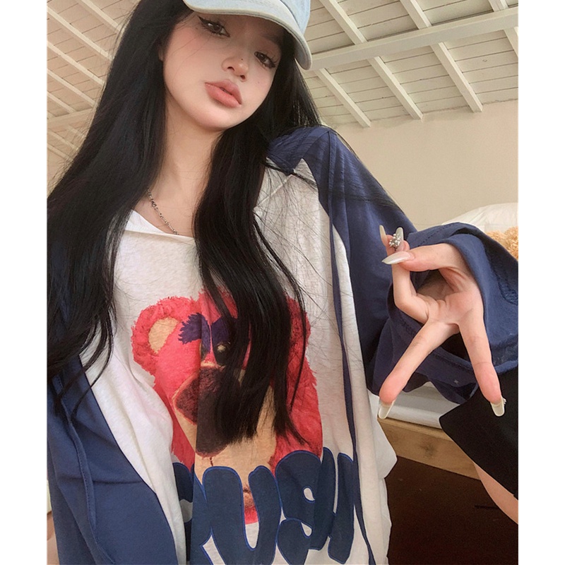 Áo Thun Hoodie Tay Dài Dáng Rộng In Hoạt Hình Dễ Thương