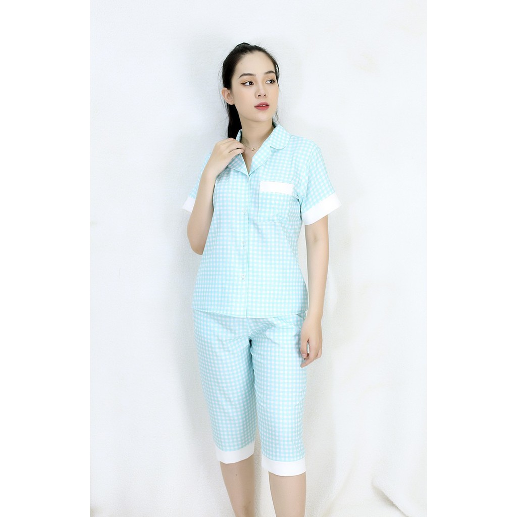 [HÌNH THẬT 100%] Bộ đồ Pijama nữ lửng họa tiết  XANH CARO TRẮNG - vải siêu lụa cao cấp - Cực Kì Sang Chảnh