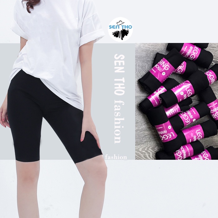 Quần Legging Nữ Ngố Đùi Lửng Cạp Chun Màu Đen Chất Thun Co Giãn 4 Chiều Mặc Ôm Dáng Trẻ Trung Năng Động