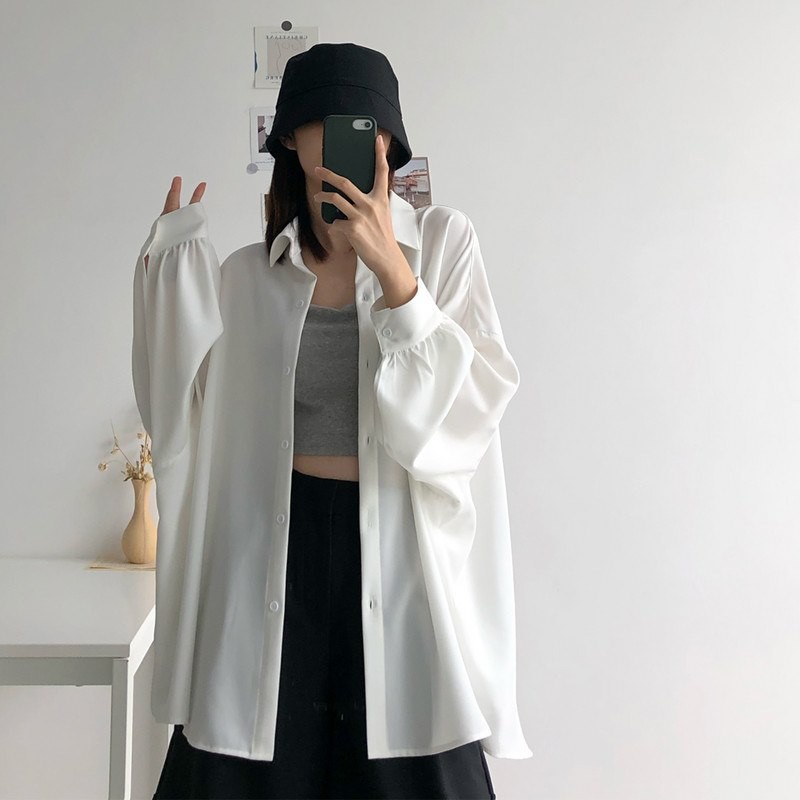 Sơ mi nam nữ trơn tay phồng phom to chất thô - sơ mi dài tay unisex sẵn kho 2 màu