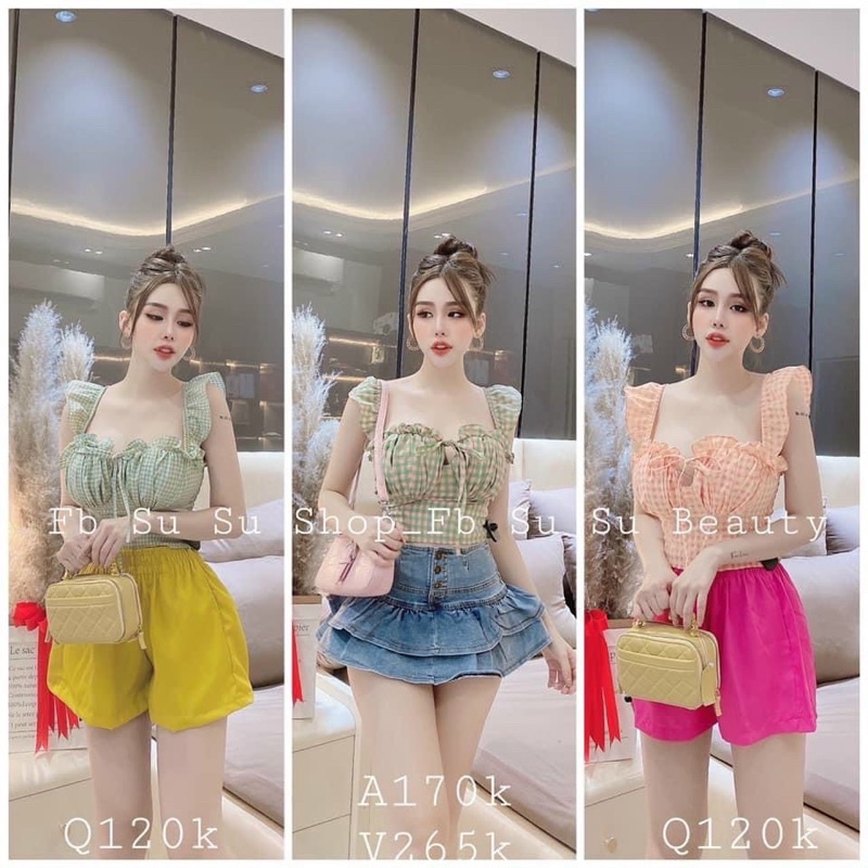 Có mút ngực Áo croptop caro đệm ngực thắt eo