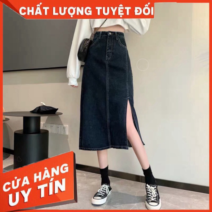 Chân Váy Jeans Dáng Dài Cạp Cao Xẻ Gấu Phong Cách Ulzzang - Hàng nhập khẩu