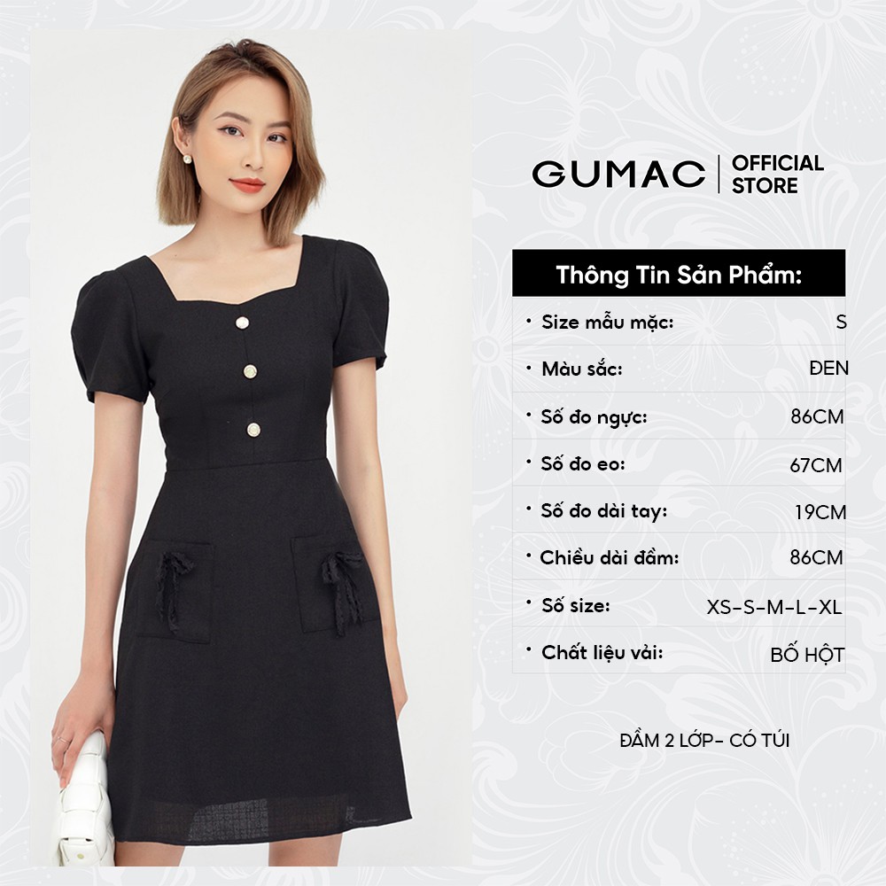 [Mã WABRGU55 giảm 12% đơn 99K] Đầm nữ dáng A đính nơ túi đắp GUMAC cổ vuông tay ngắn thanh lịch DB5122 | BigBuy360 - bigbuy360.vn