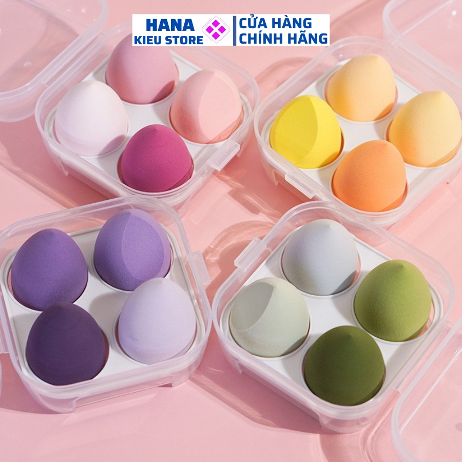 Hộp 4 Mút tán kem nền mút trang điểm mềm mại hình giọt nước có hộp nhựa siêu tiện dụng Hanakieu