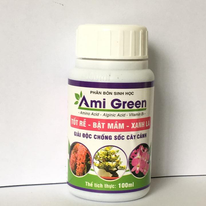 Phân bón sinh học AMI GREEN giải độc cây trồng. Tốt rễ, bật mầm, xanh lá chai 100ml.