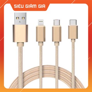 Dây Sạc 3 Đầu ✓ Dây Sạc Bọc Dù ✓ Sạc Android Và Sạc Iphone Dài 1M Màu Vàng Tặng Kèm Nút Bảo Vệ Đầu Cáp Sạc#