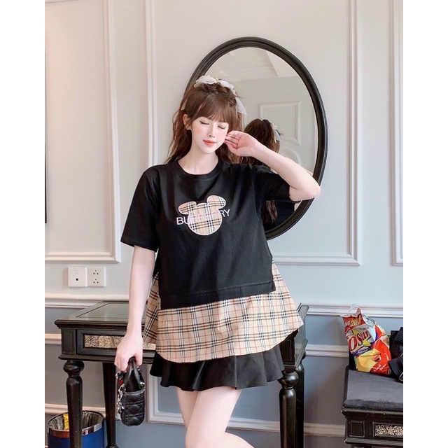 Áo Bầu Cotton pha vạt Kẻ Mickey MOuse cực xinh