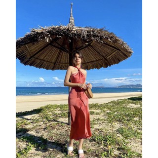Đầm midi lụa thắt nút cột cổ
