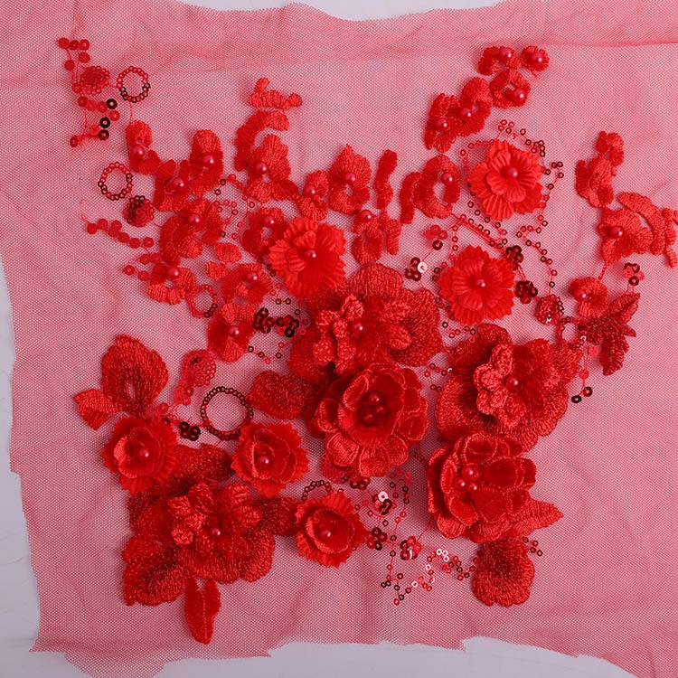 1 Miếng Vải Ren Thêu Hoa Đính Cườm 3D 25 * 25CM Trang Trí Váy Cưới