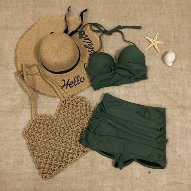 Bikini lưng cao 2 mảnh áo crop xoắn nâng ngực mix quần short nhún kín đáo !