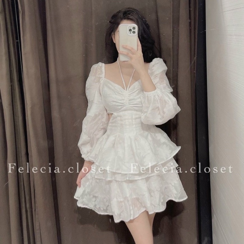 Đầm Trắng Hoa Nổi Rút Ngực Khoét Eo🦋FREESHIP🦋