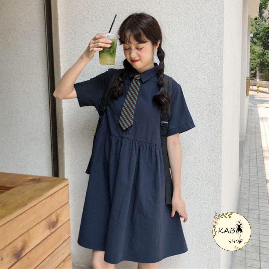 Váy babydoll Váy ULZZANG sơ mi cổ bẻ Hồng, Trắng thời trang 2021