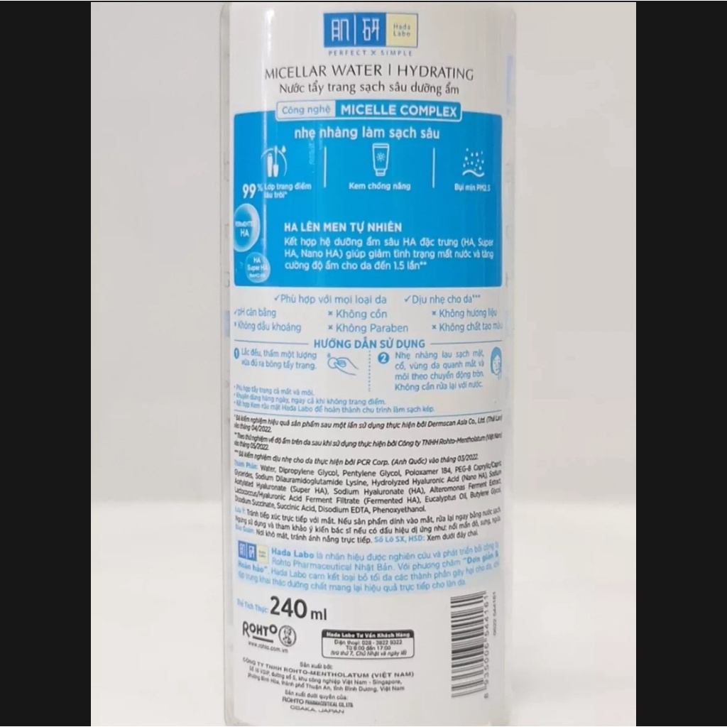 Nước Tẩy Trang Sạch Sâu HADA LABO Dưỡng Trắng Hoặc Dưỡng Ẩm Micellar Water 240ml
