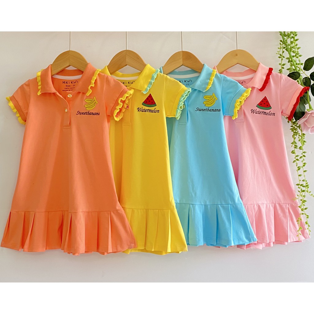 Đầm Polo cổ trụ, bo sọc dệt bèo dún lạ mắt, thêu chuối, dưa hấu cho mùa hè bé gái cực xinh