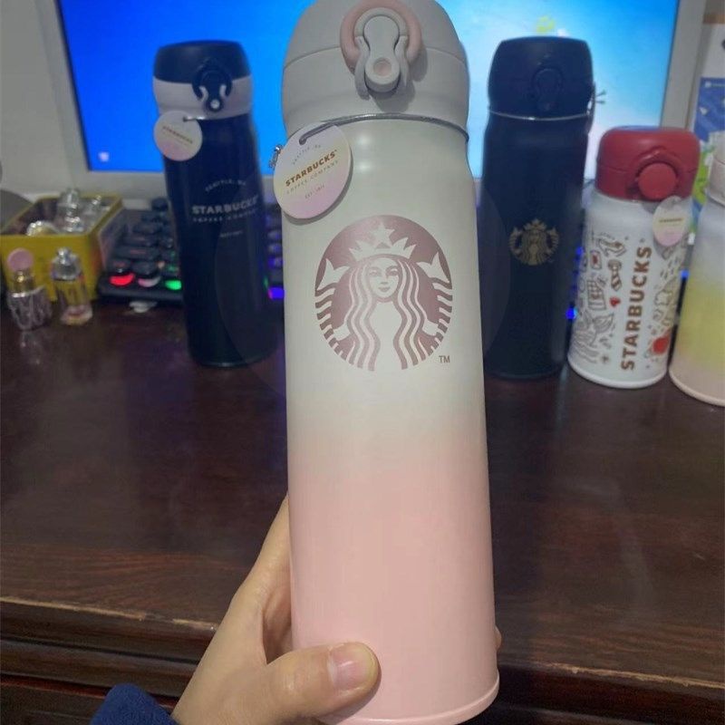 Bình nước giữ nhiệt nóng lạnh Stabuck chất liệu inox 304 màu hồng loang 500 ml Miibooshi D2.099