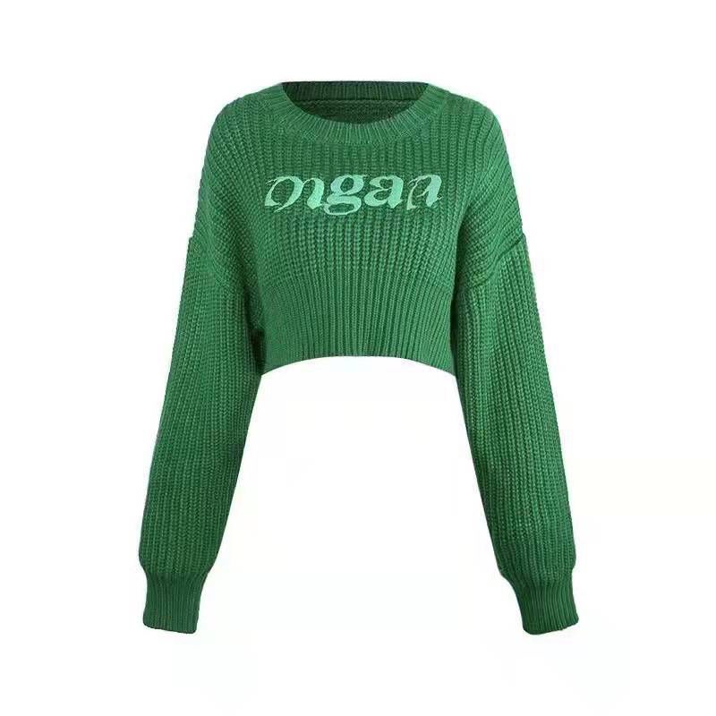 Áo sweater lửng dáng rộng màu xanh lá sang trọng thời trang 2021 dành cho nữ