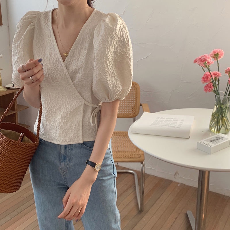 Áo Ngắn Tay Phồng Phối Ren Phong Cách Hàn Quốc Thời Trang Cho Nữ