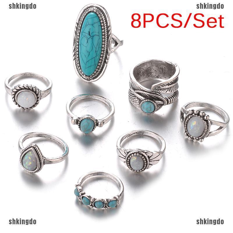 Bộ 8 nhẫn mạ bạc đính đá Opal phong cách Bohemian
