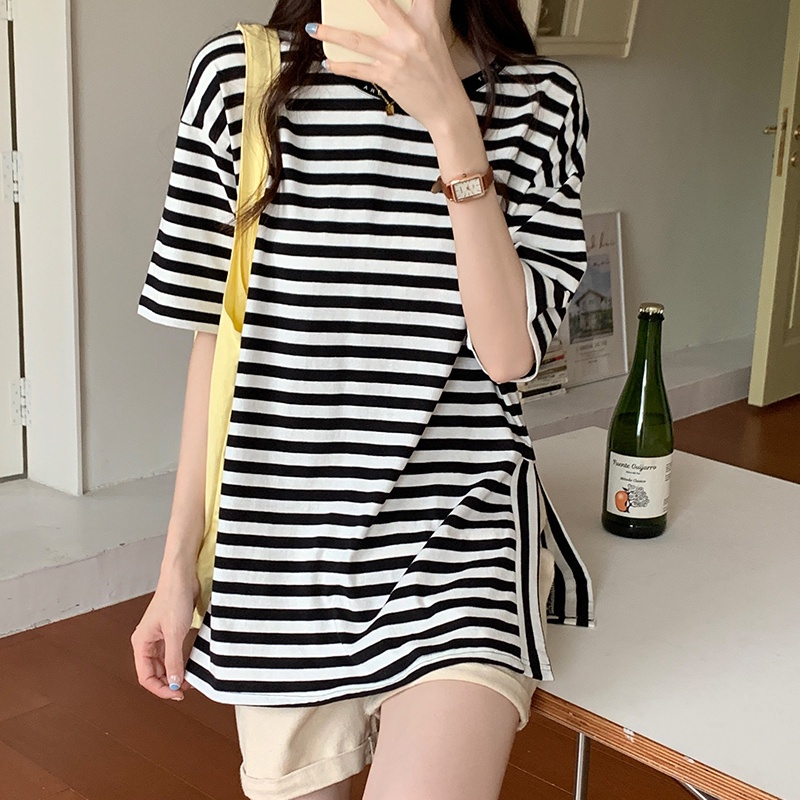 Áo Thun Ngắn Tay Cổ Tròn Họa Tiết Kẻ Sọc Phong Cách Hàn Quốc Thời Trang Mùa Hè Dành Cho Nữ