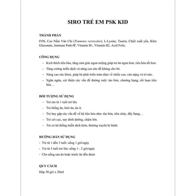 SIRO TĂNG SỨC ĐỀ KHÁNG PSK KIDSIRO ĂN NGON TĂNG SỨC ĐỀ KHÁNG CHO TRẺ EM PSK KID.
