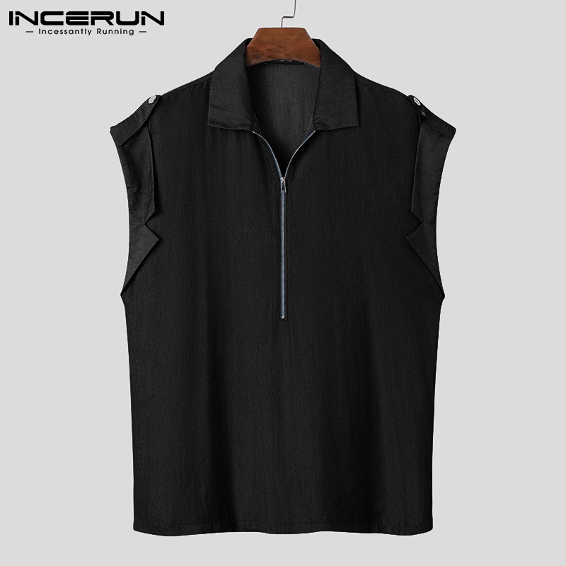 Áo sơ mi INCERUN sát nách màu trơn dáng rộng phối khóa kéo thời trang cho nam