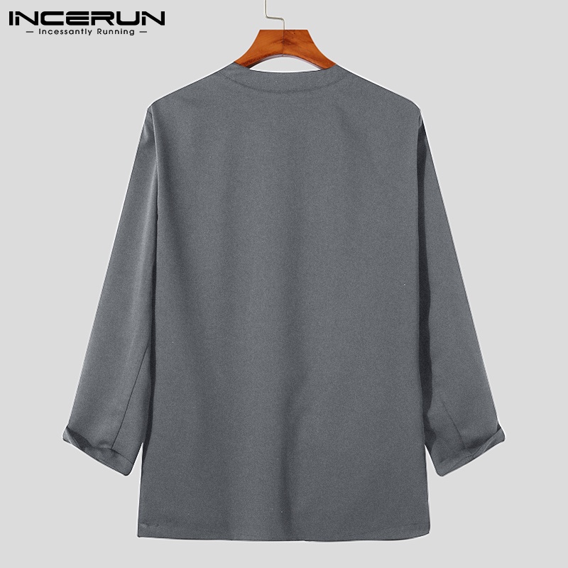 Áo khoác blazer INCERUN tay dài cổ chữ V dáng rộng màu trơn phong cách đơn giản dành cho nam