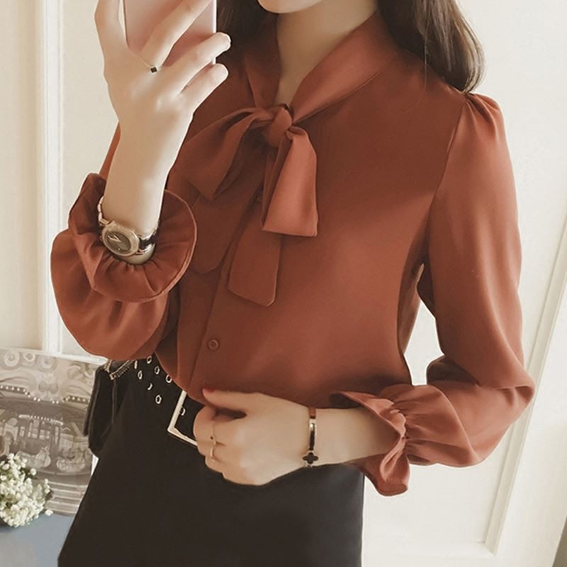 Áo Blouse nữ tay dài cổ thắt nơ phong cách Hàn Quốc