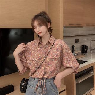 Áo sơ mi hoa ngắn tay dáng mỏng kiểu dây rút thời trang retro trẻ trung
