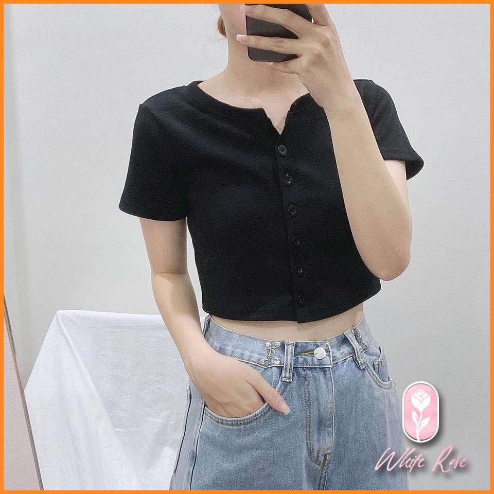 Áo croptop kiểu tay ngắn cài cúc sexy , croptop nữ vải thun gân phong cách hàn quốc