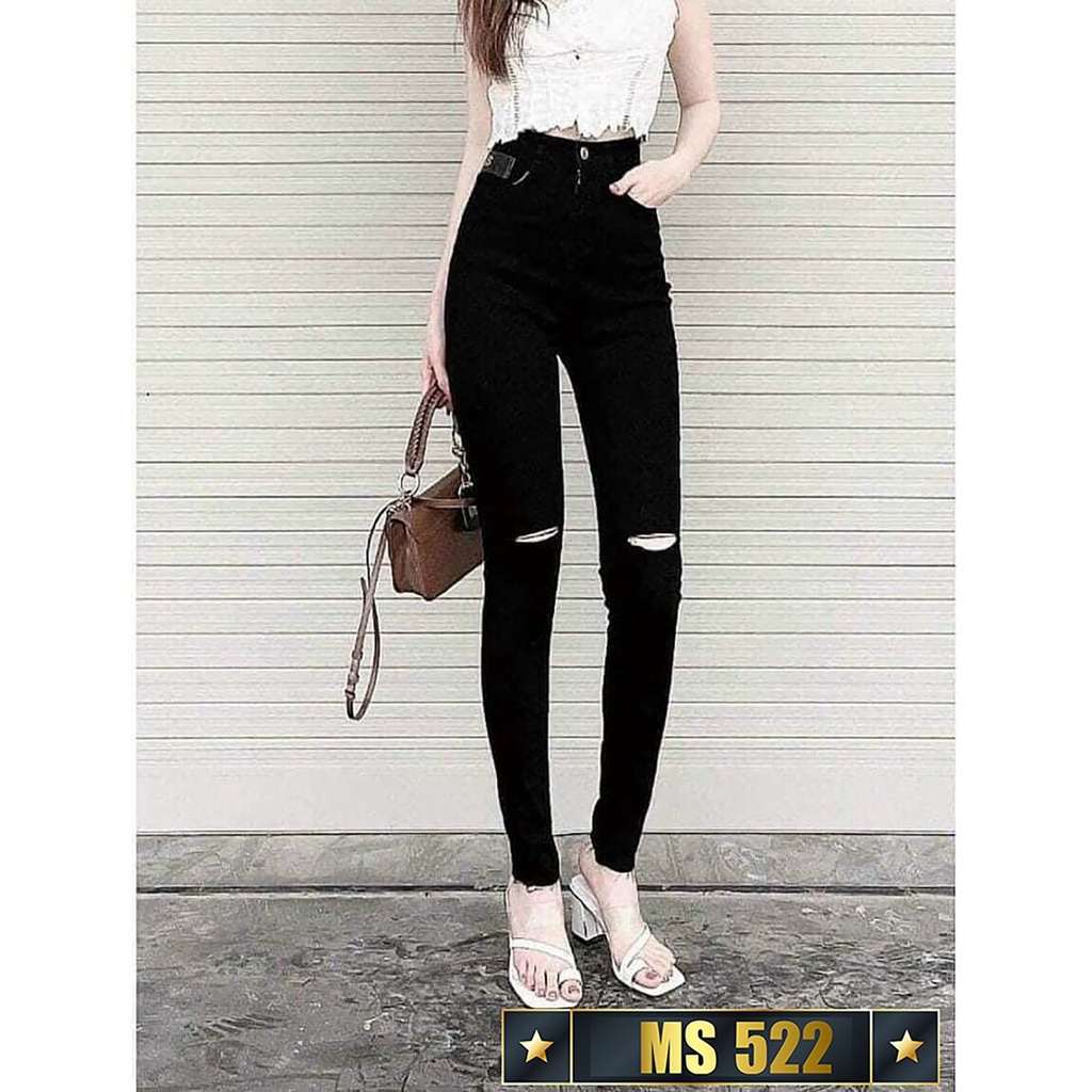 Quần jean nữ lưng cao, jean nữ màu đen rách gối cao cấp MURADFASHION MS522